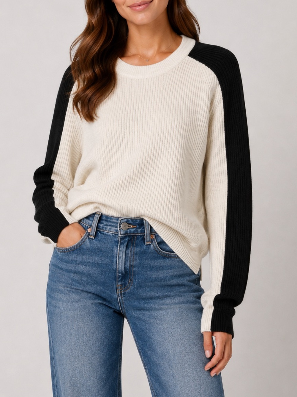 Margaret O'Leary Raglan Colorblock Pullover Sweater Black and White Medium $358